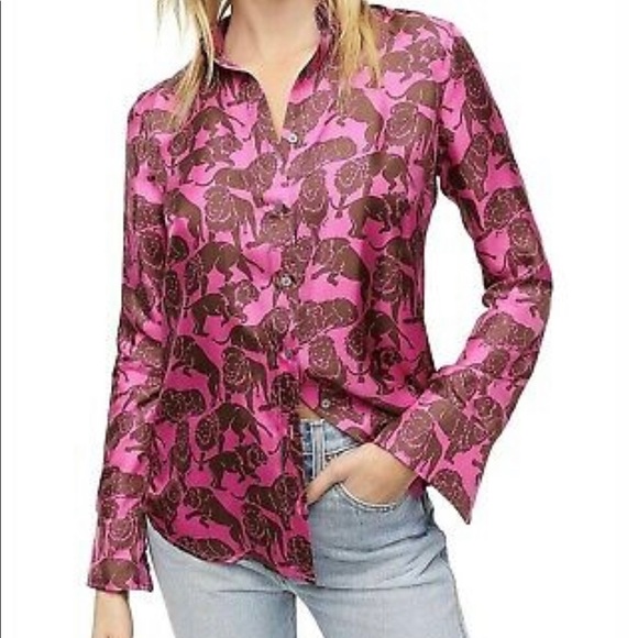 J Crew Collection pink silk twill button-up shirt in sleepy lions print